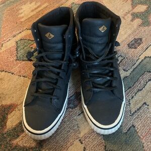 Sperry Black Leather -Hightop Sneakers with White Soles women’s size 6
